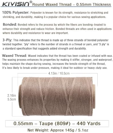 Bonded Waxed Polyester Thread for Leather Sewing, 0.55mm, 440 Yards, Taupe, 3-Ply Wax Cord for Stitching, Bookbinding, Upholstery, Beading, Crafting, Macrame Jewelry and Bracelet Making