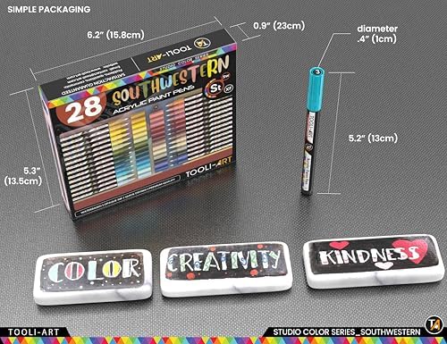 28 Southwestern Colors Acrylic Paint Pens Studio Color Series Markers Set 0.7mm Extra Fine Tip, Rock Painting, Glass, Mugs, Wood, Metal, Canvas, DIY, Detailing. Non Toxic, Waterbased, Quick Drying