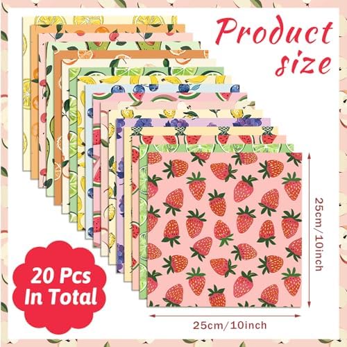 HunnmingRe 20 Pcs 10''x10'' Summer Fruit Quilting Fabric Square Lemon Strawberry Precut Quiltted Fabric Watermelon Pineapple Cherry Printed Patchwork Materials for Summer Sewing DIY Craft Supplies