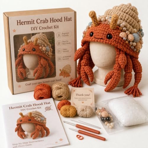 Ocean Series Hood Hat DIY Crochet Kit, Create Your Own Ocean Inspired Character Hood, Handmade Art Crafts for Beginners Adults, Fun Creative Gift for Crochet Lovers，Hermit Crab (Hermit Crab)