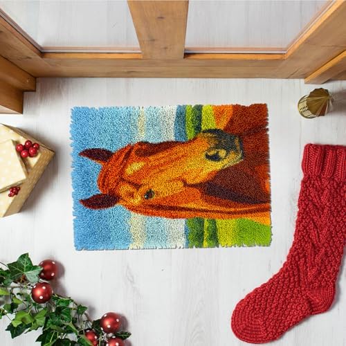 Latch Hook Rug Kit Brown Horse Head Portrait Pre-Printed Handmade Carpet Crochet Yarn Craft DIY Hook and Latch Door Mat Tapestry for Home Floor Decoration 52x38cm-4