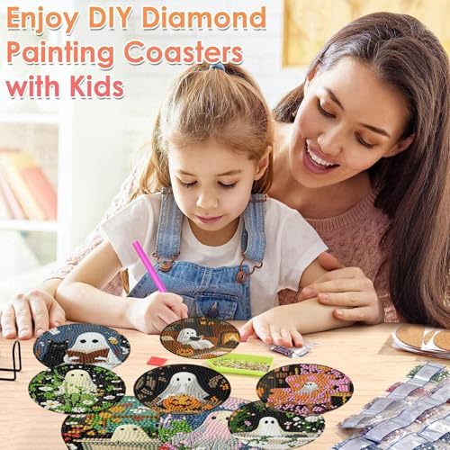 8 Pcs Halloween Diamond Art Coasters Kits for Adults (Cork Wooden Pad)
