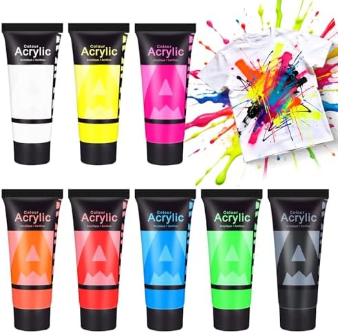 AUREUO Neon Fabric Paint Set - 8 Fluorescent Colors x 0.71 Fl Oz / 21ml - Permanent Fabric Paint for Clothes, Non-Toxic Textile Paint for Canvas Tote Bags, Shirts, Shoes, Jeans