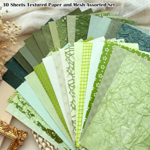 30 Sheets A5 Natural Greens Textured Scrapbook Paper & Mesh Fabric