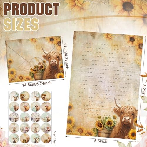 TaoBary 160 Pcs Floral Highland Cow Stationery Paper and Envelopes Set
