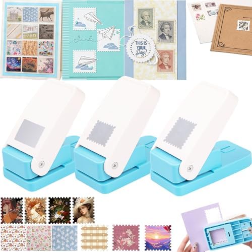 CYFUN DESIGN 3 Pcs Stamp Puncher, 1x0.8inch/1x1inch Square Stamp Hole Punch, Stamps Shaped Paper Punch, Craft Lever Stamp Cutter Hole Punch, Hole Puncher for Crafting Journaling Card Making Supplies