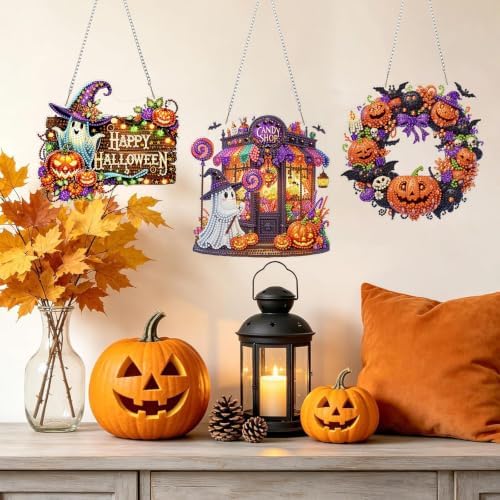 3 Pack Halloween Diamond Art Hanging Kit for Adult, Acrylic Decor 8x8inch