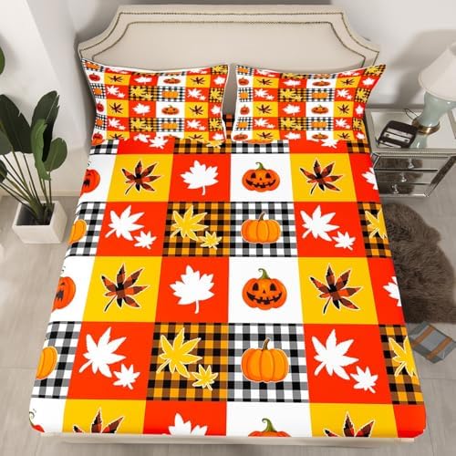 Halloween Pumpkins Bed Sheet Set Full Size Fall Theme Checker Mattress Cover Farmhouse Style Grid Sheets for Boys Girls Bedroom Yellow Orange White with Flat,Fitted Sheet Pillowcase 4Pcs