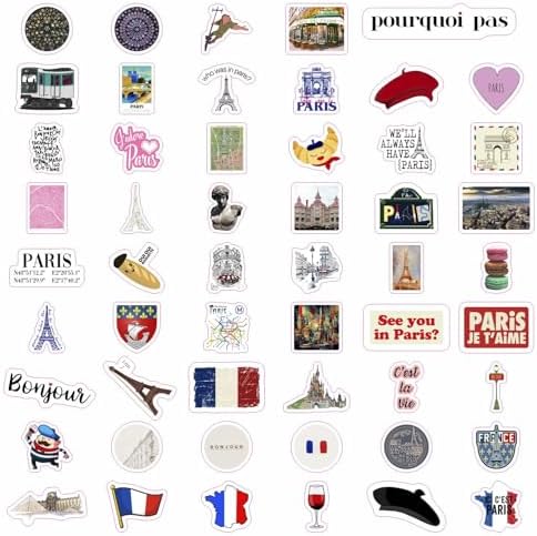 100Pcs Paris Sticker, French Stickers, Eiffel Tower Laptop Decals, Scrapbook & Water Bottles, Paris Party Supplies, Gifts for Women & Men