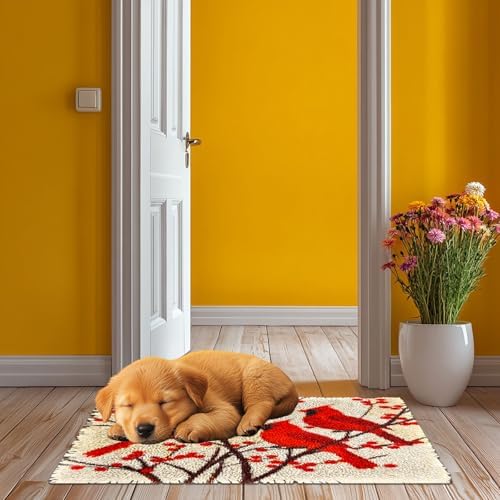Latch Hook Rug Kit for Adults Red Cardinal on Red Berry Tree Pre-Printed Handmade Carpet Crochet Yarn Craft DIY Hook and Latch Door Mat Tapestry Home Floor Decoration 52x38cm(6)