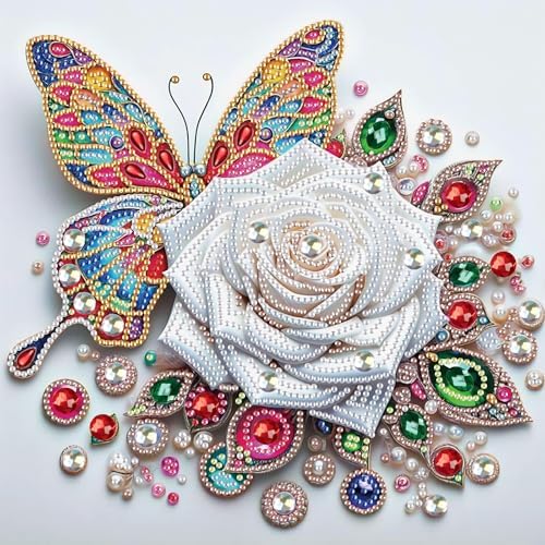 5D Special Shape Diamond Art Kits for Beginners, Diamond Painting Kits for Adults, Crystal Rhinestones Diamond Painting for Home Wall Decoration Gift 12×12 inch/30×30 cm, Butterfly and White Rose