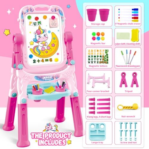 2-in-1 LED Drawing Board, Art Easel for Kids – Adjustable Double-Sided Rotatable Art Easel with Painting Accessories, Preschool Learning Toy for Girls Aged 3-5, Perfect Christmas, Birthday Gift (Pink)