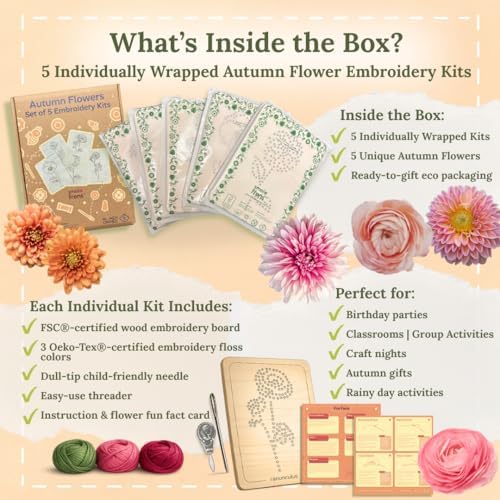 Wooden Flower Lacing Embroidery Kits for Beginners, Set of 5 Learn-to-Stitch Craft Boards, Sewing & Embroidery Art Kits for Kids Ages 8+, DIY Craft Projects, Educational Gifts, Party Favors (Autumn)