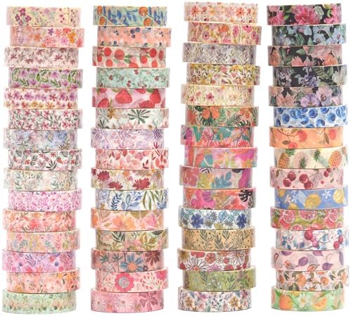 Flowers Washi Tape Set 60 Rolls Floral Patterns Decorative Skinny Blooms Masking Tapes for Arts, DIY Crafts, Journals, Planners, Scrapbook, Wrapping (Summer)