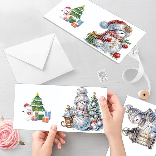 antor 6 Pack Diamond Art Christmas Cards with Envelopes, Special Shaped Rhinestone DIY Diamond Painting Greeting Card Kit, Snowman Design for Adults Holiday Craft Gift