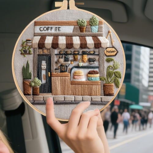 FONNUY Coffee Shop Embroidery Kit, Vintage Cafe Pre-Stamped Pattern Kits Handmade DIY Embroidery Set Suitable for Both Adults and Beginners Color Thread Needlework, 8'' Hoop (Brown)