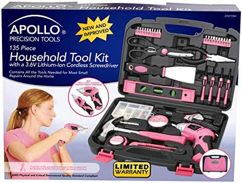 Apollo Tools 135 Piece Household Pink Hand Tools Set with Pivoting Dual-Angle 3.6 V Lithium-Ion Cordless Screwdriver - DT0773N1