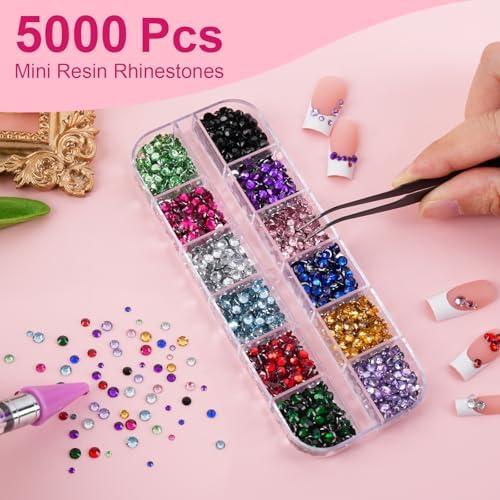 Canvalite 5000Pcs Resin Rhinestones for Crafting with 10ml B7000 Jewelry Glue, 1 Box Flatback Crystals Diamond (Colorful) for Bedazzling Crafts DIY Nail Art Non Hotfix Gems for Clothing Shoes Tumblers