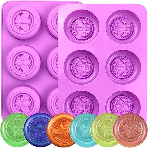 Bee Silicone Molds, 2 Pack Round Bee Soap Mold 6-Cavity | 3D Design Honeybee Silicone Mold for Soap Making, Lotion Bar Beeswax Resin Candle Chocolate Dessert