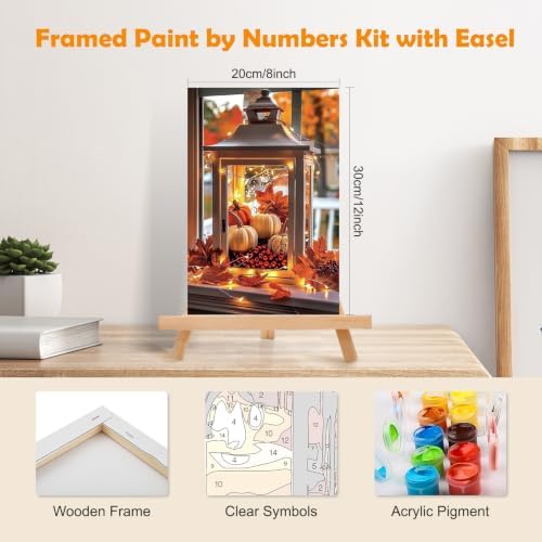 MOGTAA Halloween Paint by Numbers Kit for Adults Beginners with Frame, Fall Pumpkin Adult Paint by Number Kits on Canvas with Easel, Easy DIY Landscape Oil Painting Kits for Home Decor, 8x12in
