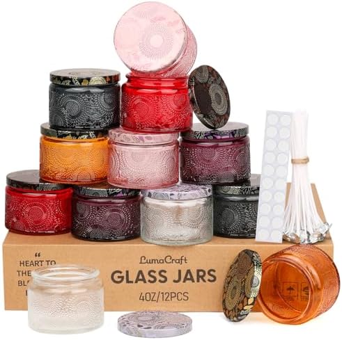 LumaCraft Luxury Embossed Glass Candle Jars for Making Candles - 12 Pack Empty Candle Containers with Airtight Metal Lids, 20 Wicks & 20 Stickers, Colored Glass Jars for Gifts & Decor-4oz