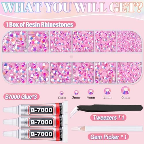 Resin Rhinestones for Crafting with 3Pcs 10ml B7000 Jewelry Glue, 1 Box Light Pink AB Flatback Gems Crystals Diamond for Bedazzling Crafts DIY Nail Art Makeup, Gems for Clothing Tumblers Shoes