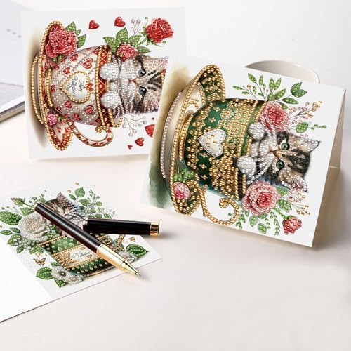 antor 6 Pack DIY Cat in Teacup Diamond Painting Greeting Cards with Envelopes – Cute Animal Rhinestone Art Craft Kit, Handmade Crystal Card Set, Diamond Art Kits for Adults