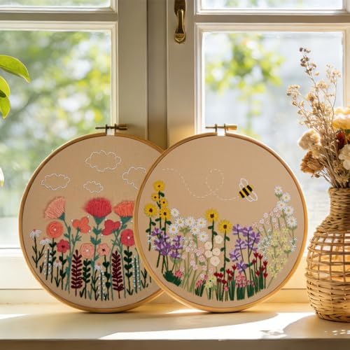 Flowers Embroidery Kits for Beginners Adults, Floral Hand Embroidery Set Needlepoint Kits, Stamped Cross Stitch Kits for Beginners Adults, 2 Embroidery Hoops, Fabric, Thread (Attached Video Tutorial)