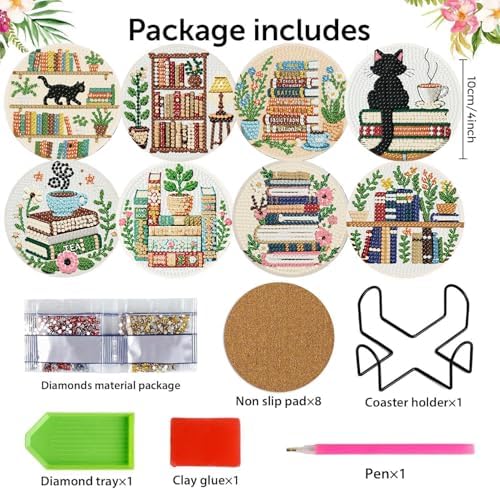 8 Pack Bookshelf Diamond Art Coasters,Diamond Painting Coasters Kits