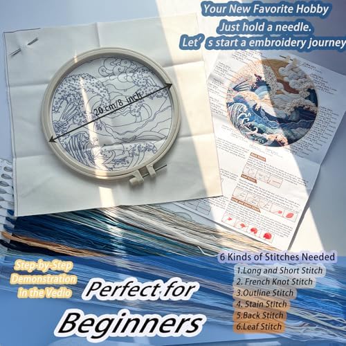 FONNUY Embroidery Kit for Beginners, Stormy Sea Wave Flowers Pre-Stamped Pattern Kits for Adults with Hoop, Easy to Follow Color Thread Needlework, 8'' Hoop (Gold)