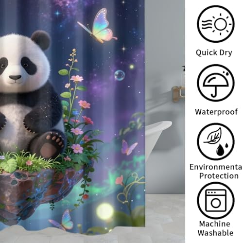 Kawaii Cartoon Animal Panda 4Pcs Shower Curtain Sets,Fairy Tale Forest Night Full Moon Bathroom Decor Set,Cute Panda Bears Butterflies Toilet Lid Rug, Bath Mat and Contour Mat