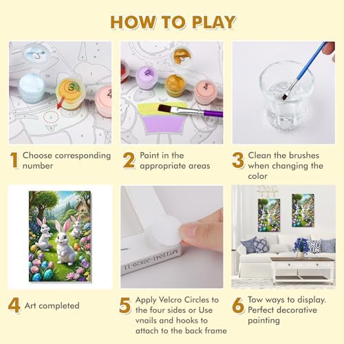 Bowetile Framed Paint by Numbers Easter Kit for Adults, Adults' Paint-by-Number Bunny Kits on Canvas, Painting by Numbers Rabbit, DIY Acrylic Number Painting for Home Wall Decor, 8x12in