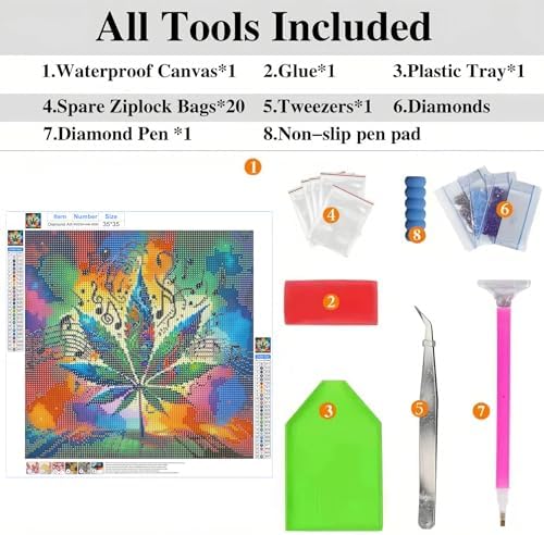 ckdiluy Trippy Leaves Diamond Art Kits for Adults Beginners, 5D DIY Music Notes Diamond Painting Kits, Full Round Drill Diamonds Dots Gem Art Crystal, Home Wall Decor 13.8X13.8 Inch