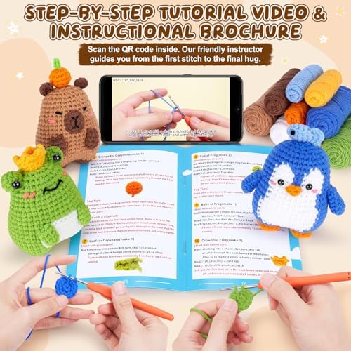 Fortuning's JDS Crochet Kit for Beginners, Crochet Animal Kit Includes Penguin, Capybara & Frog, Complete Starter Kit for Adult, DIY Craft Crochet Kits, Easy Knitting Kit Christmas Gifts