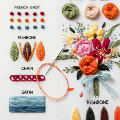 Nalexmi Embroidery Kit for Beginners, DIY Cross Stitching Kit with Stamped Flower Patterns, 4 Pack, Includes Hoop-1, Tools, Threads, Needles, Instructions
