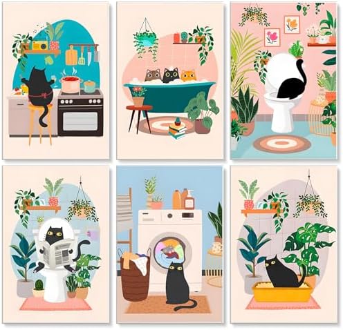 6 Pack Paint by Numbers Kit for Adults, Funny Black Cat, 8 x 12 Inch | DIY Adult Paint by Number Kits on Canvas for Beginners, without Frame, Funny Cat Home Wall Decor, Stress Relief Craft Gift