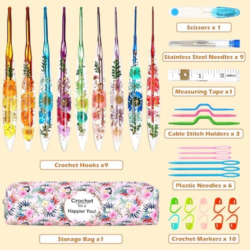Coxyzoxy 9 Pcs Crochet Hook Set, Crochet Kit for Beginners Made of Epoxy Resin, 2.0mm-6.0mm Ergonomic Crochet Hooks, Perfect for Crocheting Blankets, Dolls, Shawls, Hats, and Scarves