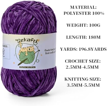 Fuzzy Chenille Yarn for Crocheting, Fluffy Amigurumi Crochet Yarn for DIY Craft/Hat/Shoes, (100g/197yds) Soft Velvet Baby Blanket Yarns（Violet）