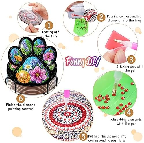 ijbnhd 8 Pcs Diamond Art Coasters Kits Dog Paw 4x4 inch (Cork Wooden Pad)