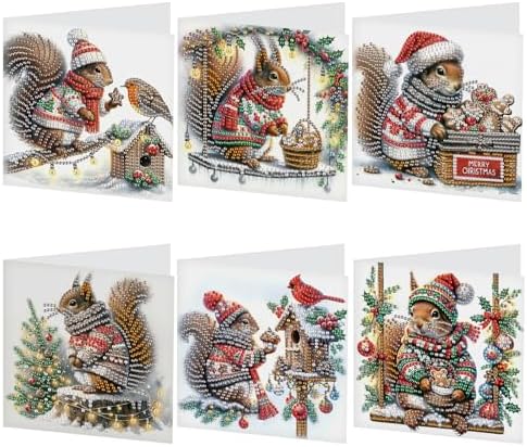 antor 6-Pack Squirrel Christmas Diamond Painting Cards – DIY Diamond Art Greeting Card Kit with Envelopes, Holiday Rhinestone Craft for Adults