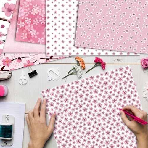 48 Sheets Cherry Blossom Scrapbook Paper,Cherry Blossom Pattern Decorative Scrapbook Paper for Journals DIY Cards and Photo Albums,Aesthetic Craft Supplies