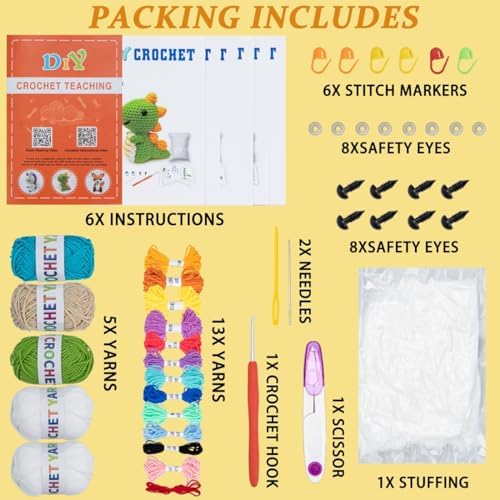 Crochet Kit for Beginners – 6 PCS Crochet Animal Kit, Knitting Beginners Kids Kit with Step by Step Videos, Yarn, Crochet Hook, Great Birthday Holiday Gift (Knitting Kit 2)