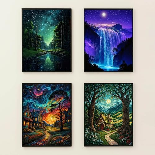 Lovepefe Starry Sky Paint By Numbers Kit for Adults, 4 Pack Country Night Paint By Number Kits for Beginner Moon Acrylic On Canvas DIY Oil Painting Kit for Gift Home Wall Decor 12x16 Inch