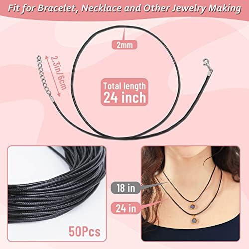 Paxcoo 50Pcs Black Waxed Cotton Cord, 24 Inch Necklace String Rope with Clasp, Bulk for Charms, Pendants, Bracelets, Jewelry Making Supplies and Beading Supplies (Pack of 2)