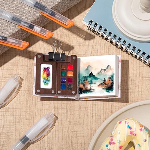 Qilery Mini Portable Watercolor Palette Set Wooden Grid Paint Box Watercolor Paper Sketch Book Brush Pens with Binder Clip for Painters Artist Not Include Paint(Rabbit)