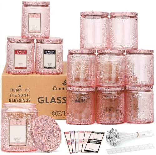 LumaCraft Luxury Embossed Glass Candle Jars for Making Candles - 12 Pack 8oz Empty Candle Containers with Airtight Metal Lids, 20 Wicks & 20 Stickers, Colored Glass Jars for Gifts & Decor