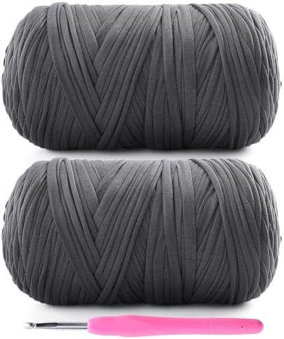 2 Pack T-Shirt Yarn for Crochet - 800 g/260 yds Elastic Fabric T-Shirt Yarn with 1 Crochet Hook (Dark Grey)