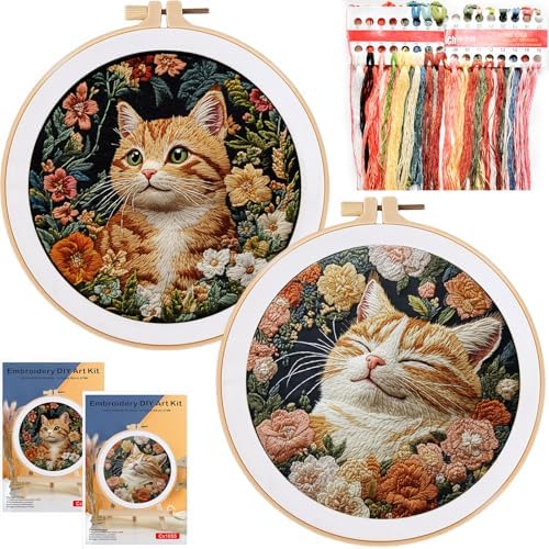 FONNUY 2 Set Embroidery Kit DIY for Adult Beginner, Pre-Stamped Patterns Mountain Sea Embroidery Kits with Hoop, Colored Threads and Needles, Easy to Follow Needlework (Cute Cats)