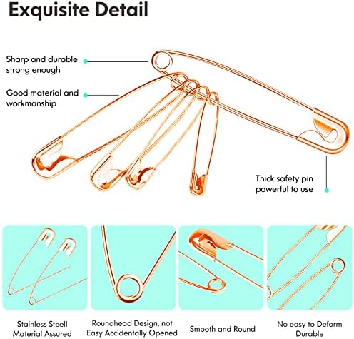 340 Pack Safety Pins Assorted, 5 Different Sizes Small & Large, Rose Gold