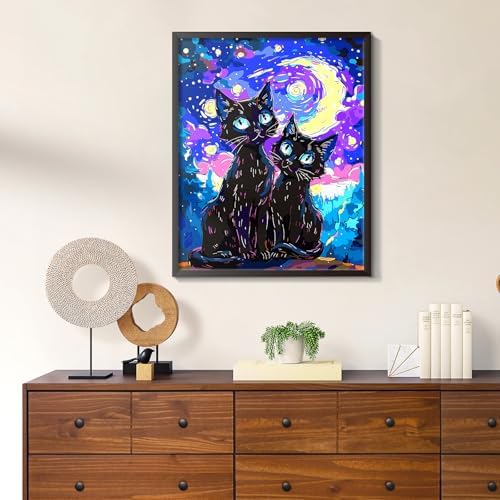 Yunnuo Paint by Numbers Kit for Adults Beginner,Two Black Cats Paint by Numbers, Starry Night Cat Number Painting Suitable for Home Wall Decoration and Gifts (16x20 Inch)